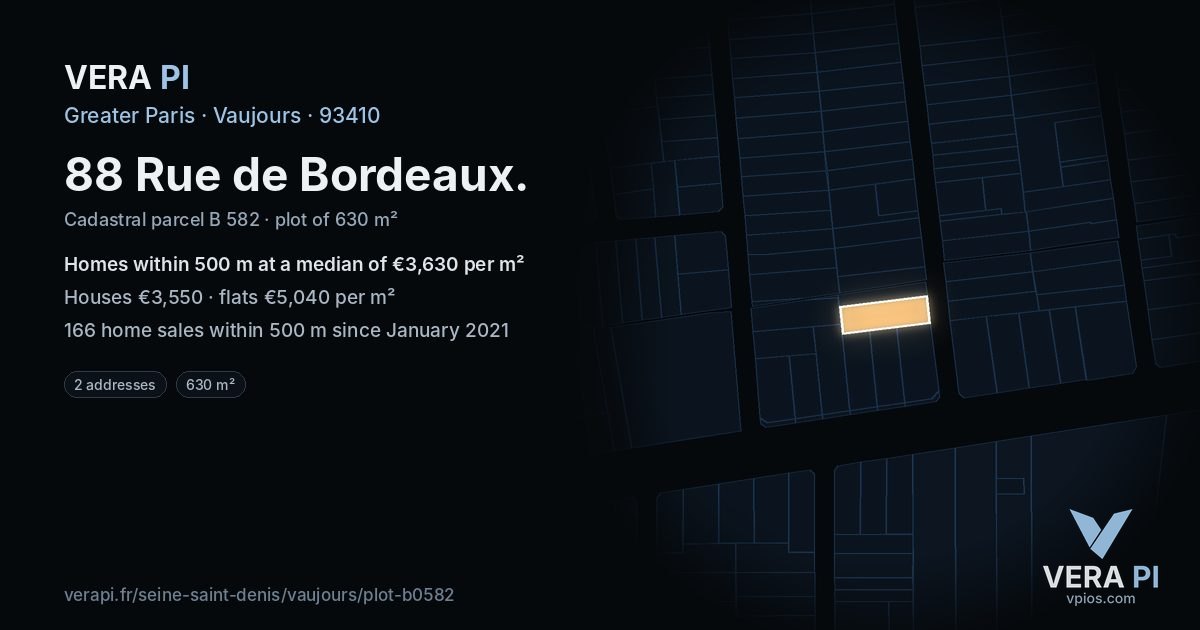 88 Rue de Bordeaux, Vaujours at night – the plot lit, the parcels around coloured by the prices near them