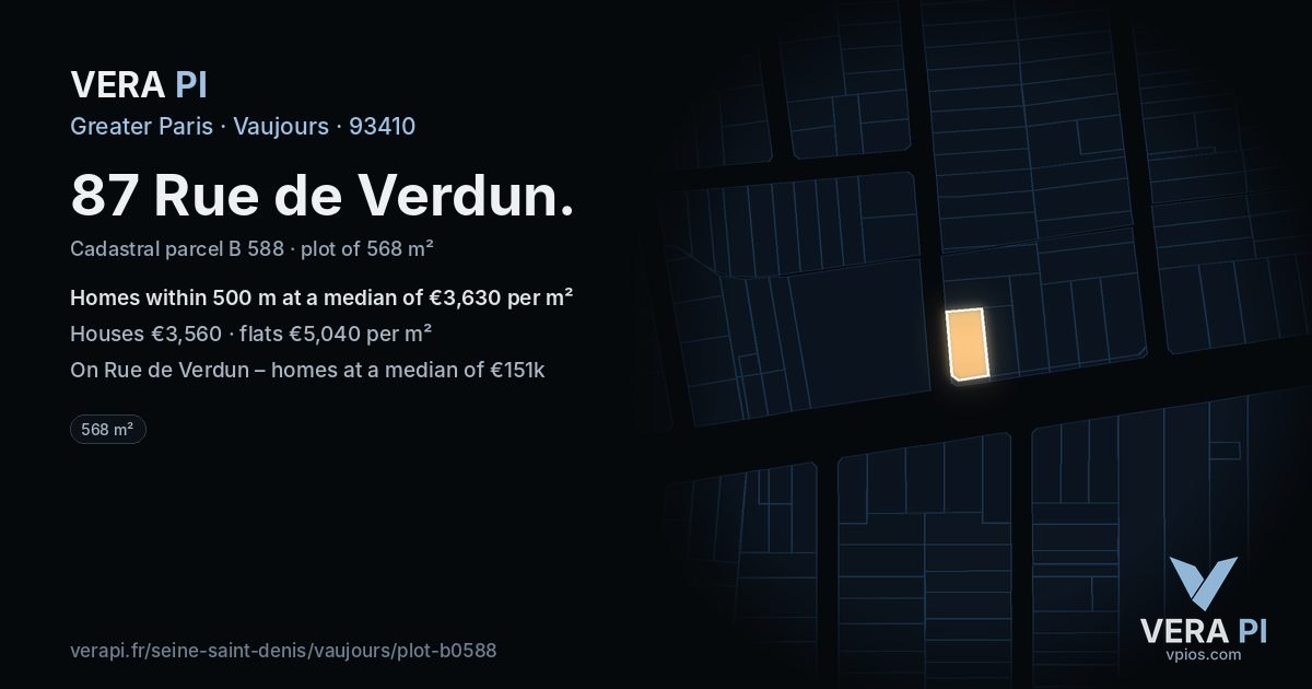 87 Rue de Verdun, Vaujours at night – the plot lit, the parcels around coloured by the prices near them