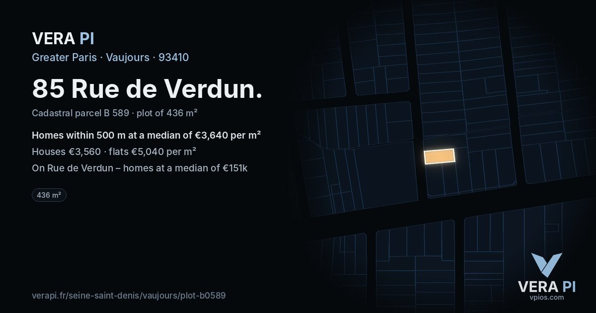 85 Rue de Verdun, Vaujours at night – the plot lit, the parcels around coloured by the prices near them