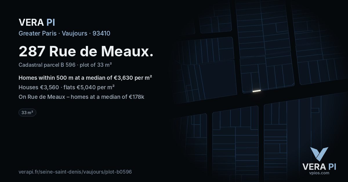 287 Rue de Meaux, Vaujours at night – the plot lit, the parcels around coloured by the prices near them