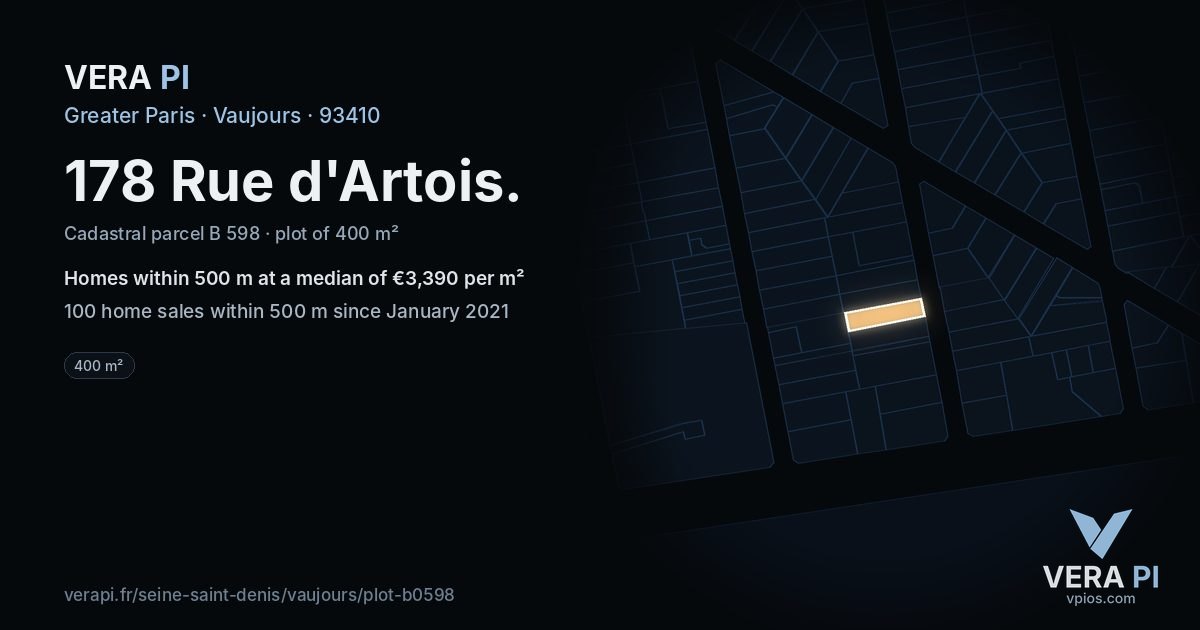 178 Rue d'Artois, Vaujours at night – the plot lit, the parcels around coloured by the prices near them