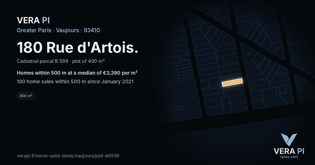 180 Rue d'Artois, Vaujours at night – the plot lit, the parcels around coloured by the prices near them