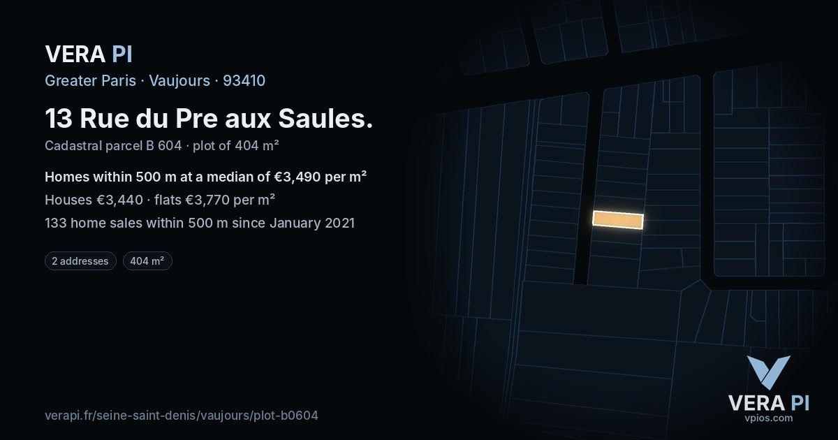 13 Rue du Pre aux Saules, Vaujours at night – the plot lit, the parcels around coloured by the prices near them