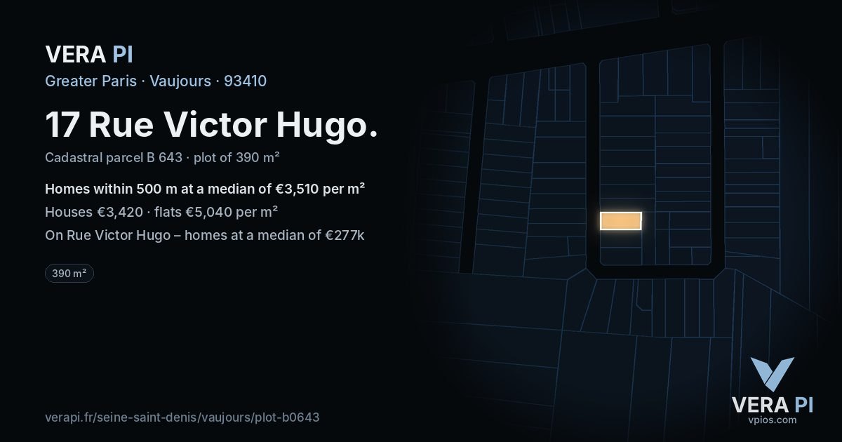 17 Rue Victor Hugo, Vaujours at night – the plot lit, the parcels around coloured by the prices near them