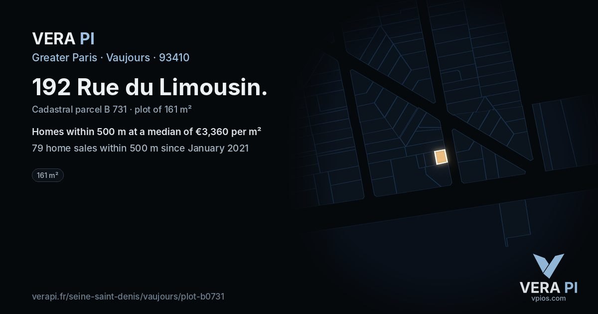 192 Rue du Limousin, Vaujours at night – the plot lit, the parcels around coloured by the prices near them