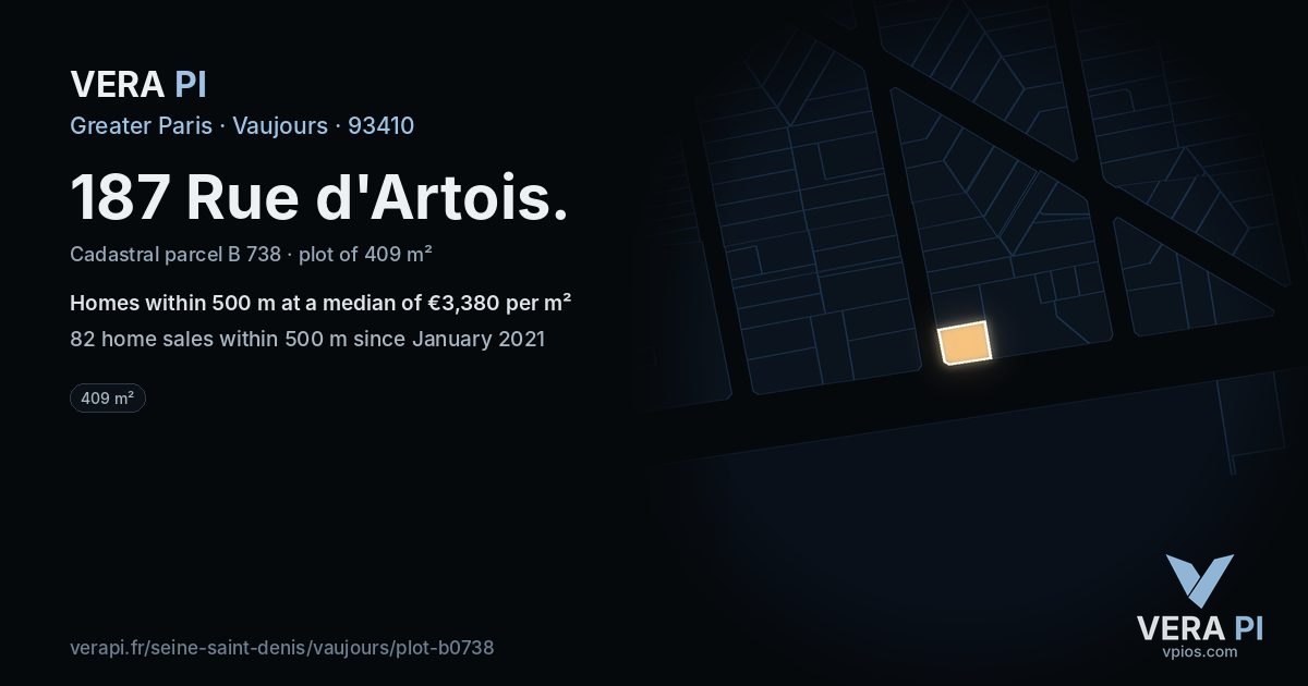 187 Rue d'Artois, Vaujours at night – the plot lit, the parcels around coloured by the prices near them