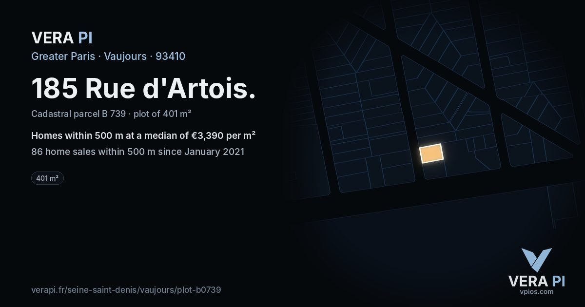 185 Rue d'Artois, Vaujours at night – the plot lit, the parcels around coloured by the prices near them