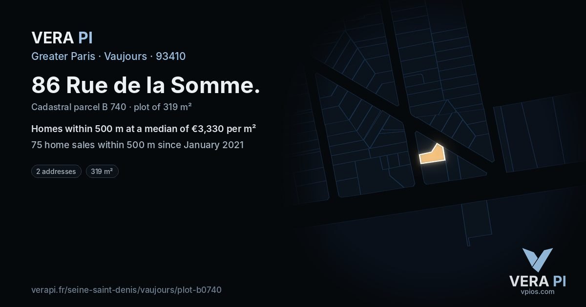 86 Rue de la Somme, Vaujours at night – the plot lit, the parcels around coloured by the prices near them