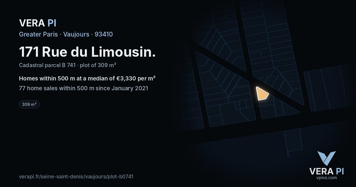 171 Rue du Limousin, Vaujours at night – the plot lit, the parcels around coloured by the prices near them