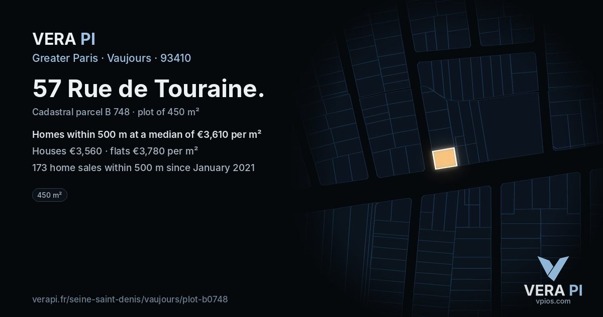 57 Rue de Touraine, Vaujours at night – the plot lit, the parcels around coloured by the prices near them
