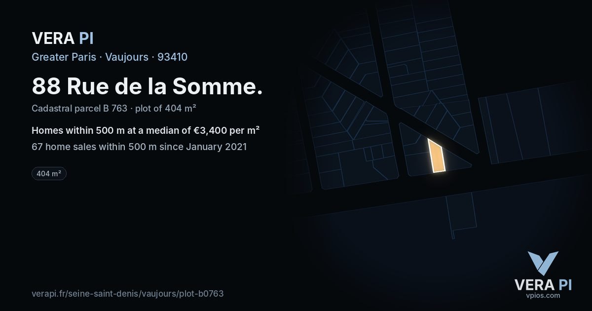 88 Rue de la Somme, Vaujours at night – the plot lit, the parcels around coloured by the prices near them