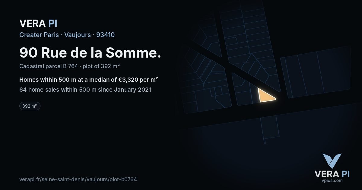 90 Rue de la Somme, Vaujours at night – the plot lit, the parcels around coloured by the prices near them