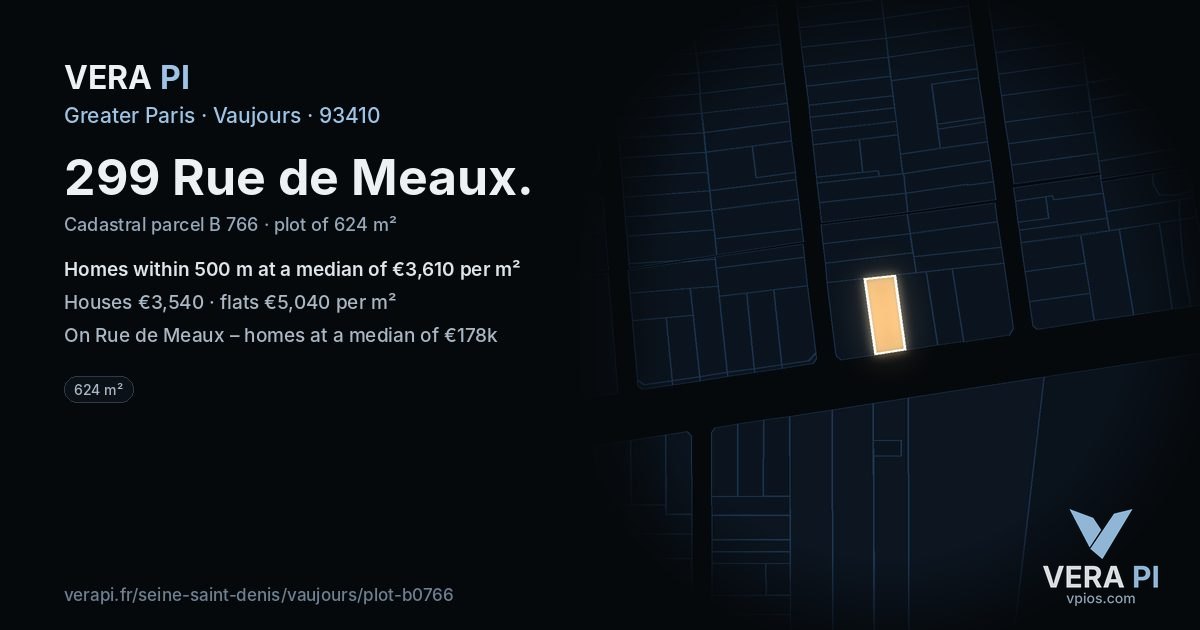 299 Rue de Meaux, Vaujours at night – the plot lit, the parcels around coloured by the prices near them