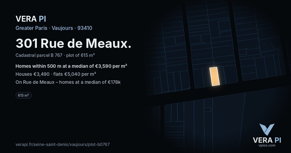 301 Rue de Meaux, Vaujours at night – the plot lit, the parcels around coloured by the prices near them