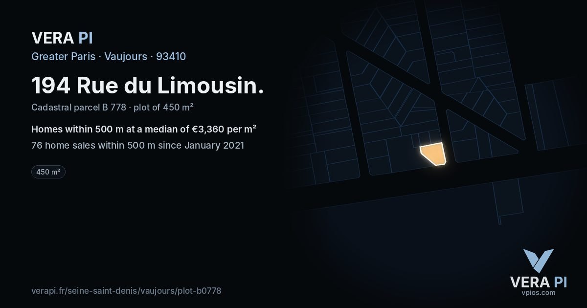 194 Rue du Limousin, Vaujours at night – the plot lit, the parcels around coloured by the prices near them