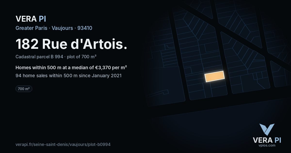 182 Rue d'Artois, Vaujours at night – the plot lit, the parcels around coloured by the prices near them