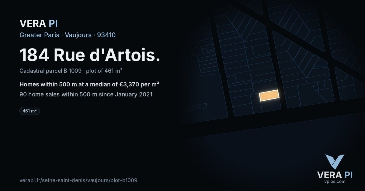 184 Rue d'Artois, Vaujours at night – the plot lit, the parcels around coloured by the prices near them