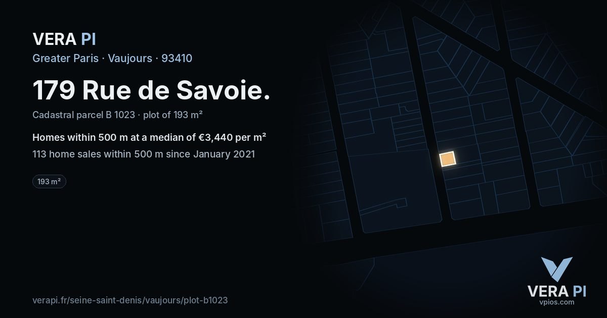 179 Rue de Savoie, Vaujours at night – the plot lit, the parcels around coloured by the prices near them