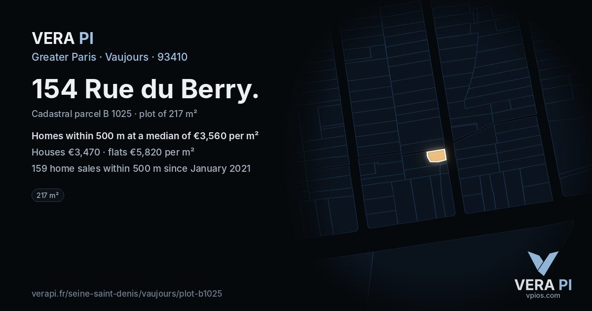 154 Rue du Berry, Vaujours at night – the plot lit, the parcels around coloured by the prices near them