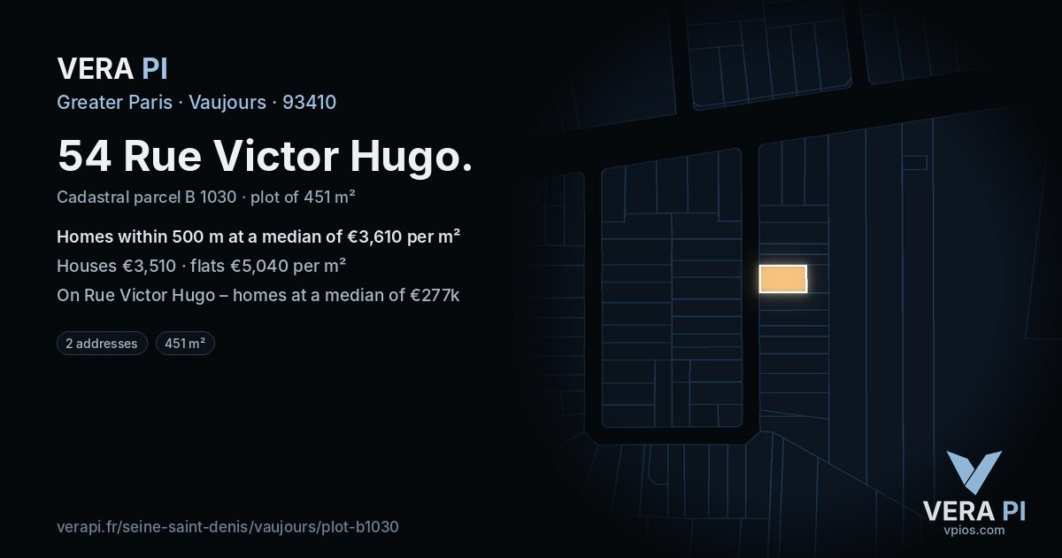 54 Rue Victor Hugo, Vaujours at night – the plot lit, the parcels around coloured by the prices near them