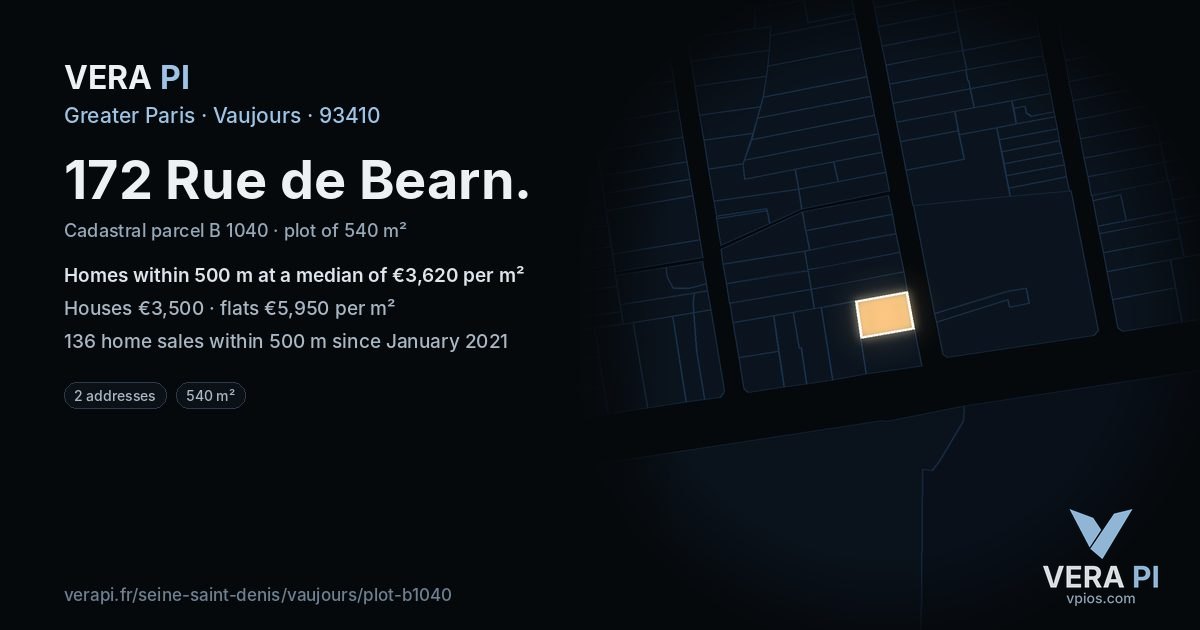 172 Rue de Bearn, Vaujours at night – the plot lit, the parcels around coloured by the prices near them