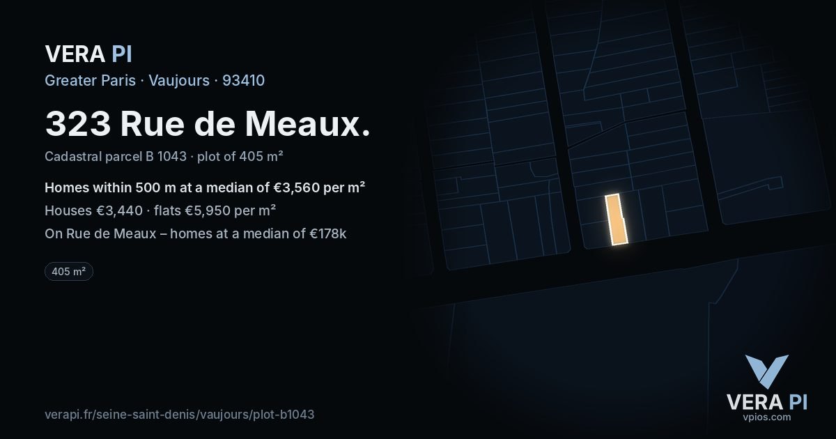 323 Rue de Meaux, Vaujours at night – the plot lit, the parcels around coloured by the prices near them