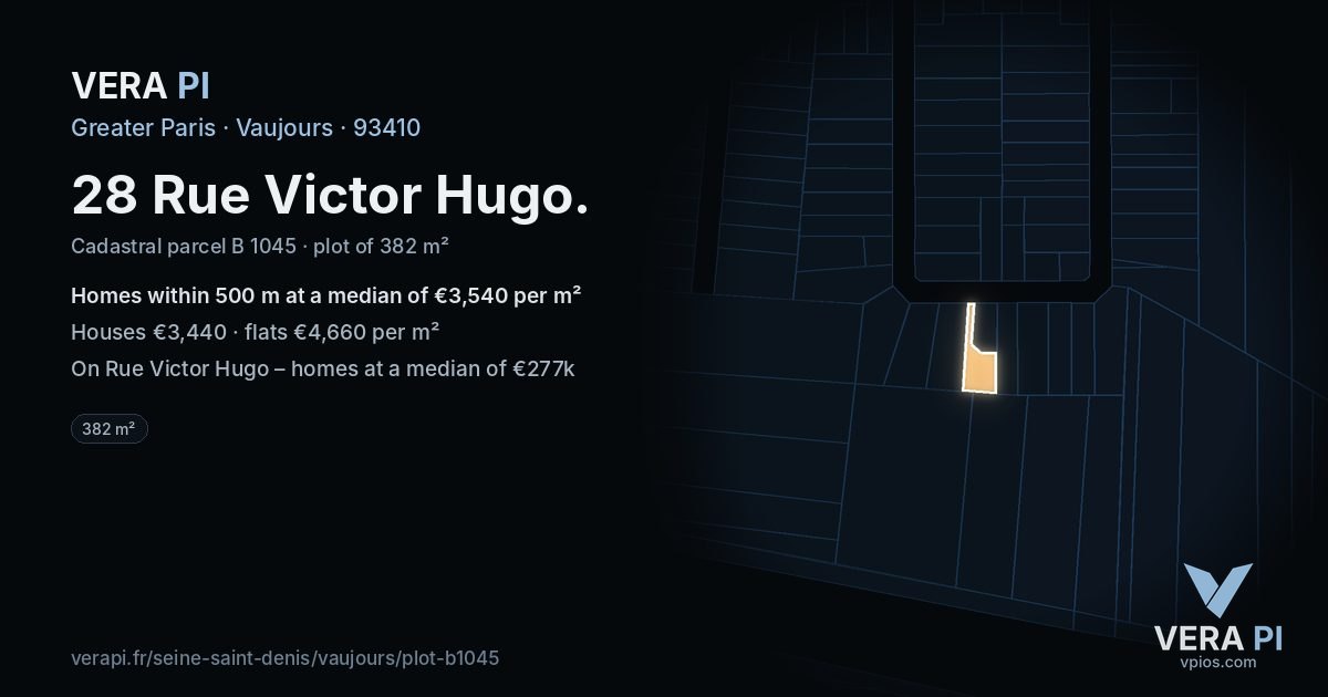 28 Rue Victor Hugo, Vaujours at night – the plot lit, the parcels around coloured by the prices near them