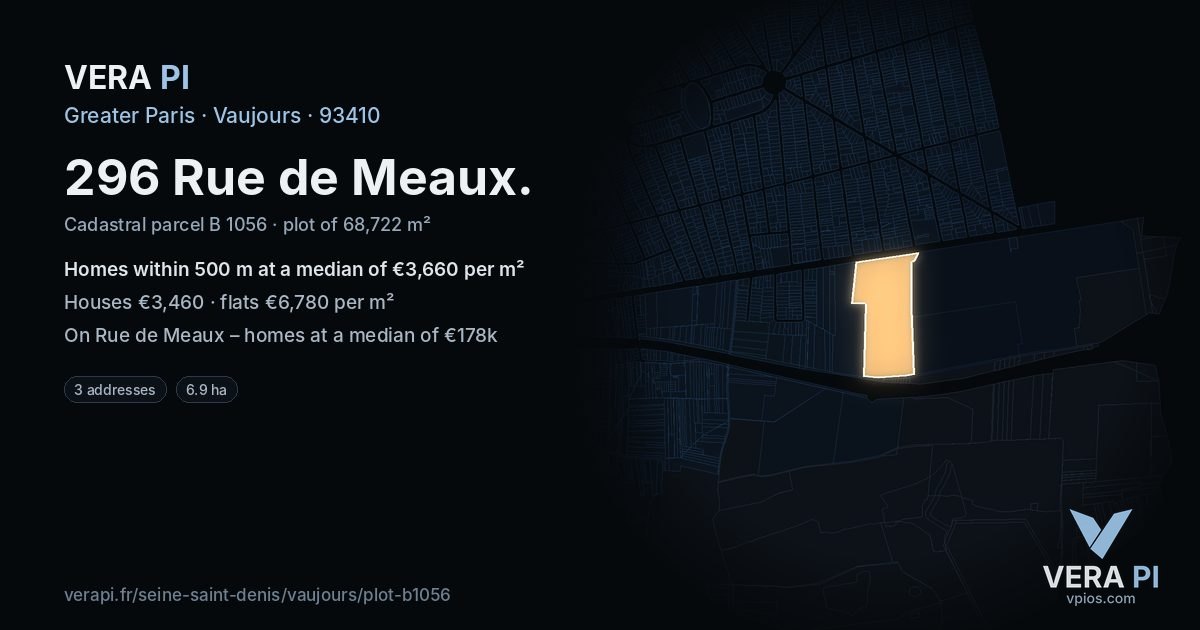 296 Rue de Meaux, Vaujours at night – the plot lit, the parcels around coloured by the prices near them