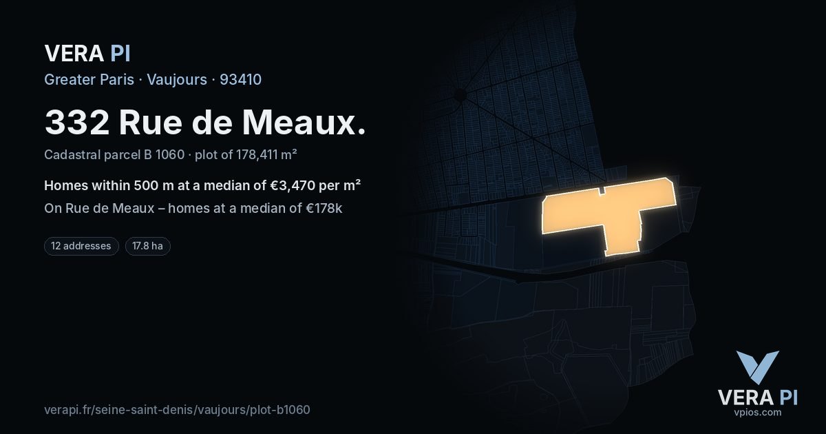 332 Rue de Meaux, Vaujours at night – the plot lit, the parcels around coloured by the prices near them