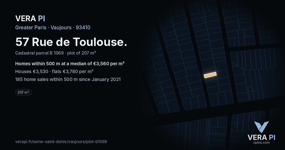 57 Rue de Toulouse, Vaujours at night – the plot lit, the parcels around coloured by the prices near them