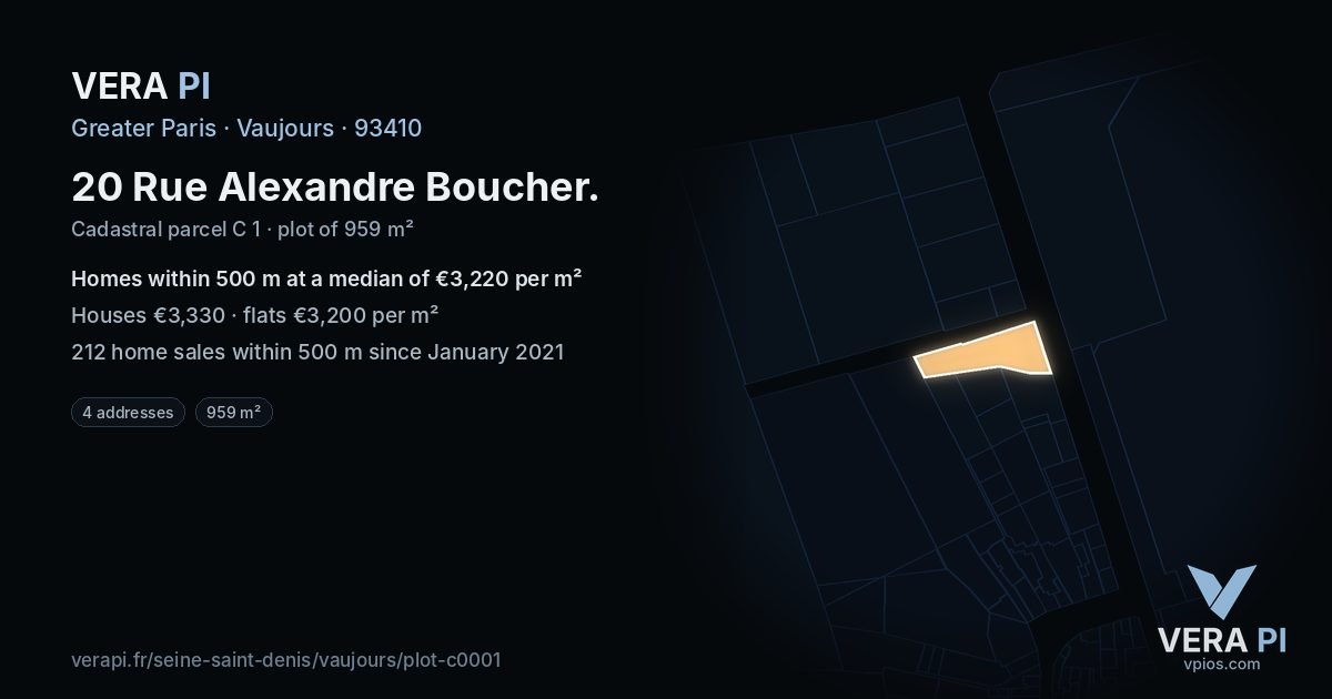 20 Rue Alexandre Boucher, Vaujours at night – the plot lit, the parcels around coloured by the prices near them