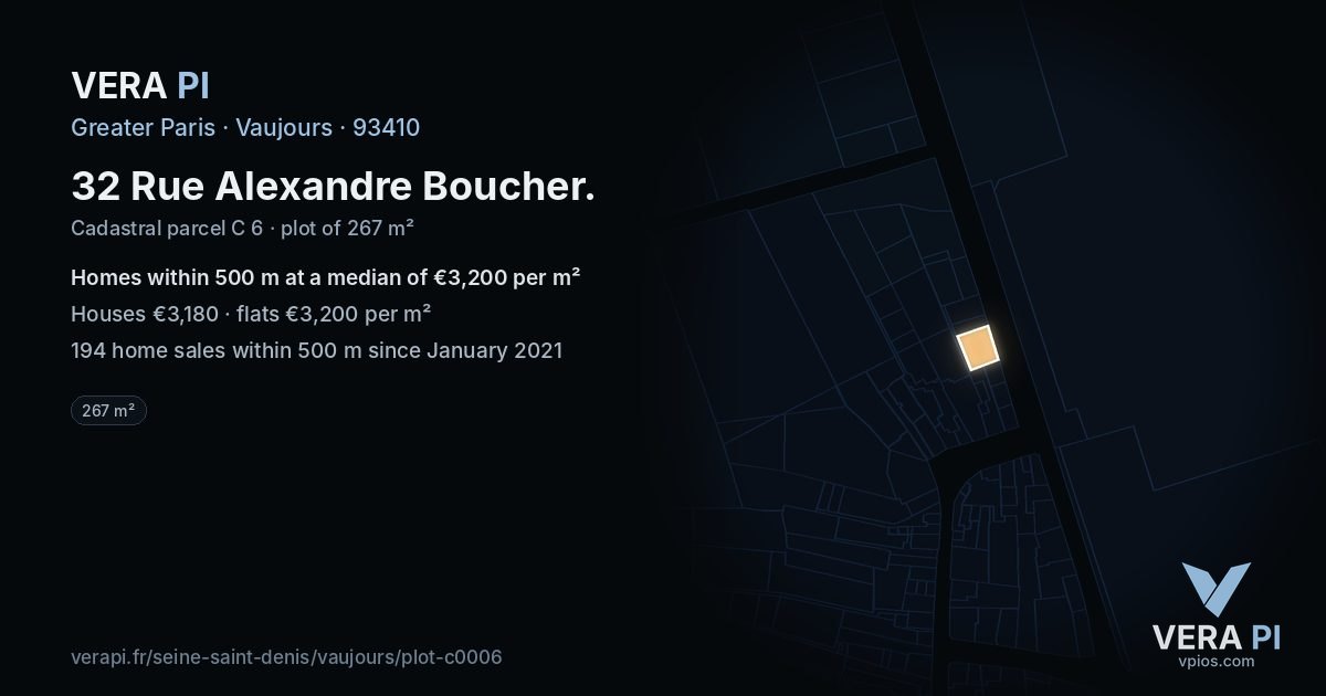 32 Rue Alexandre Boucher, Vaujours at night – the plot lit, the parcels around coloured by the prices near them