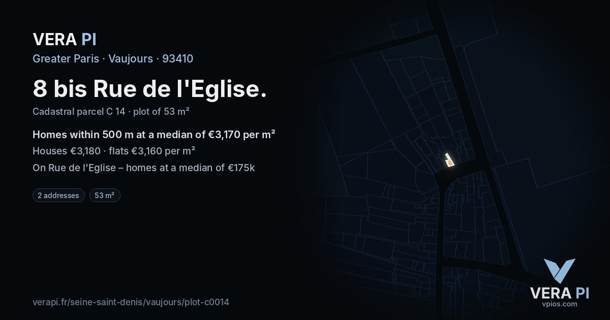 8 bis Rue de l'Eglise, Vaujours at night – the plot lit, the parcels around coloured by the prices near them