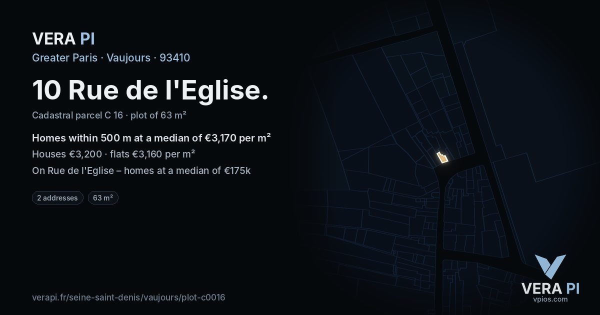 10 Rue de l'Eglise, Vaujours at night – the plot lit, the parcels around coloured by the prices near them