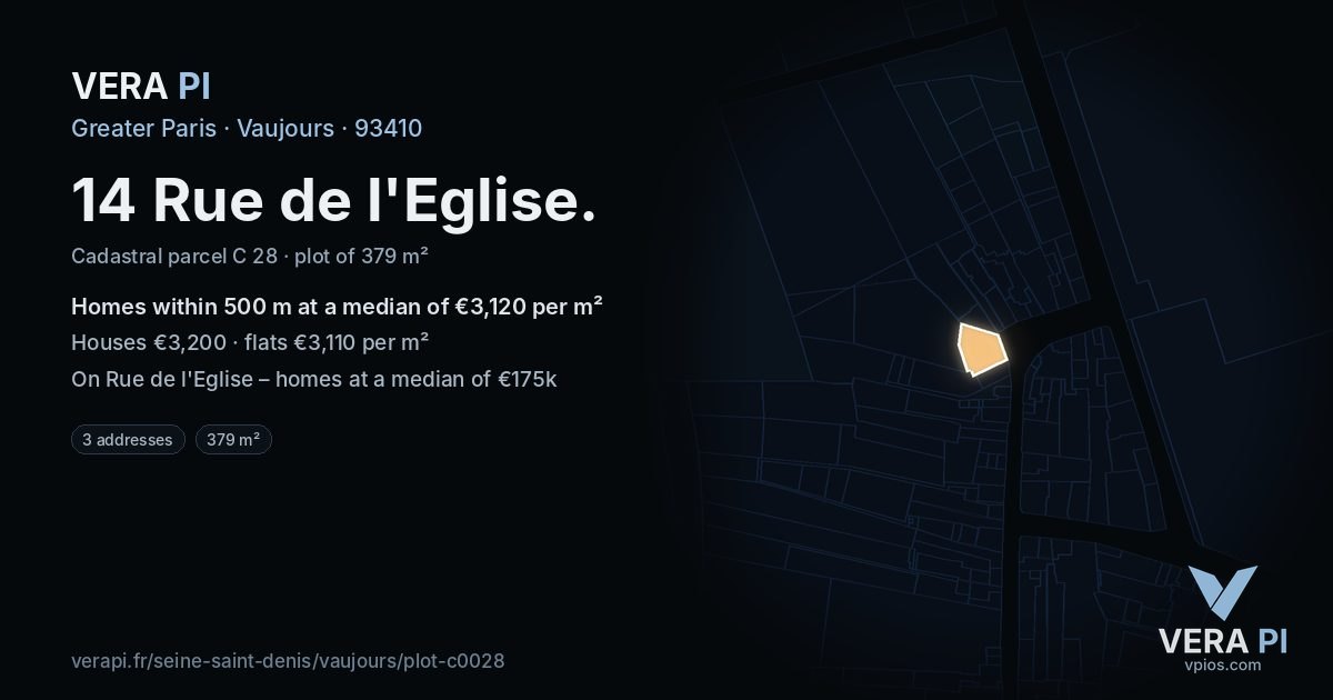 14 Rue de l'Eglise, Vaujours at night – the plot lit, the parcels around coloured by the prices near them