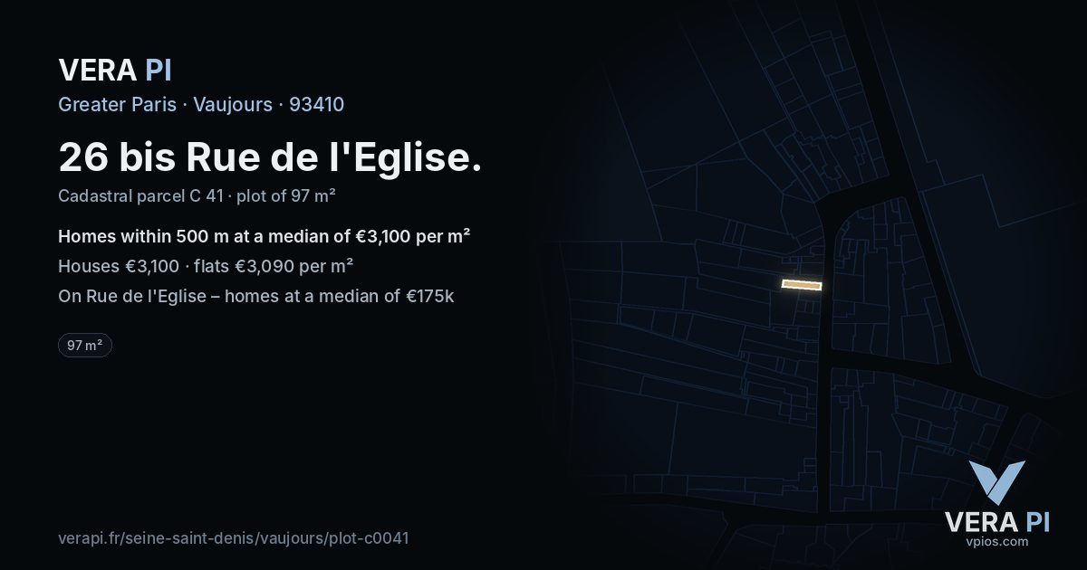 26 bis Rue de l'Eglise, Vaujours at night – the plot lit, the parcels around coloured by the prices near them