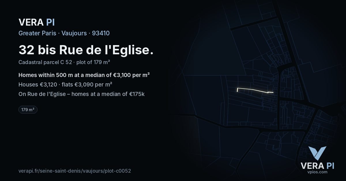 32 bis Rue de l'Eglise, Vaujours at night – the plot lit, the parcels around coloured by the prices near them