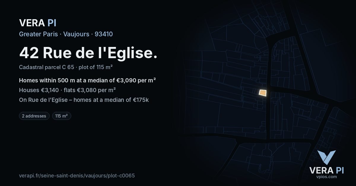 42 Rue de l'Eglise, Vaujours at night – the plot lit, the parcels around coloured by the prices near them