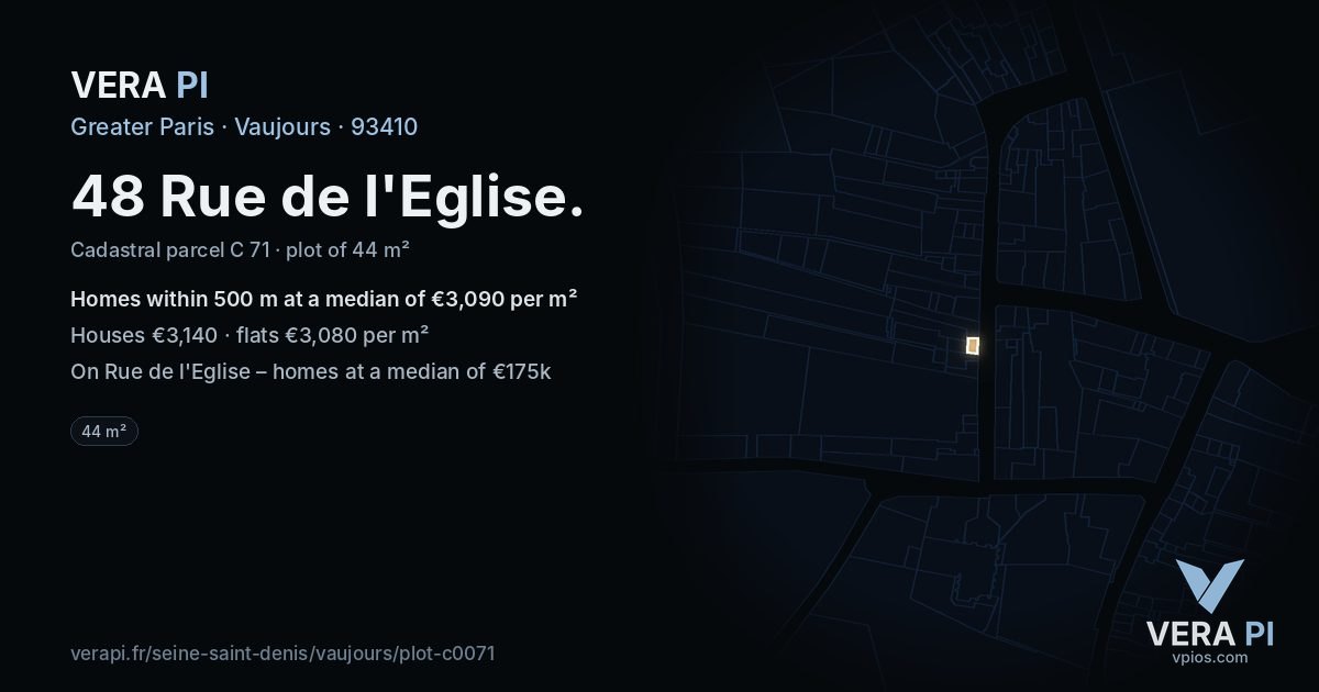 48 Rue de l'Eglise, Vaujours at night – the plot lit, the parcels around coloured by the prices near them