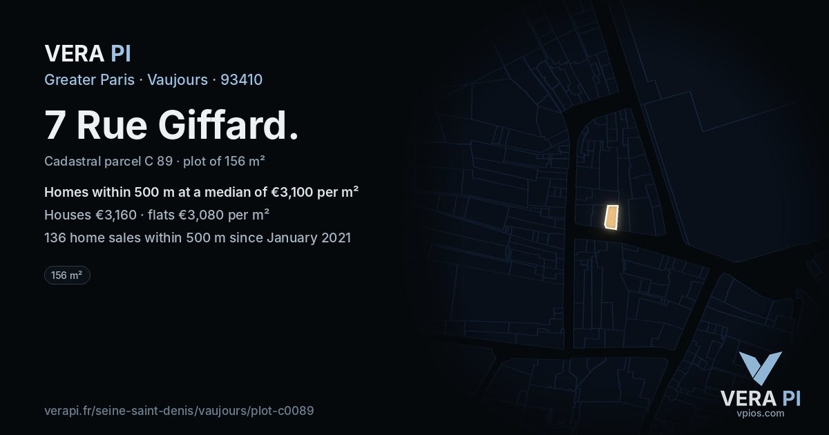7 Rue Giffard, Vaujours at night – the plot lit, the parcels around coloured by the prices near them