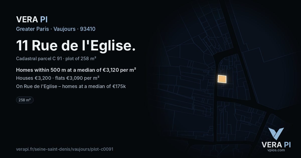 11 Rue de l'Eglise, Vaujours at night – the plot lit, the parcels around coloured by the prices near them