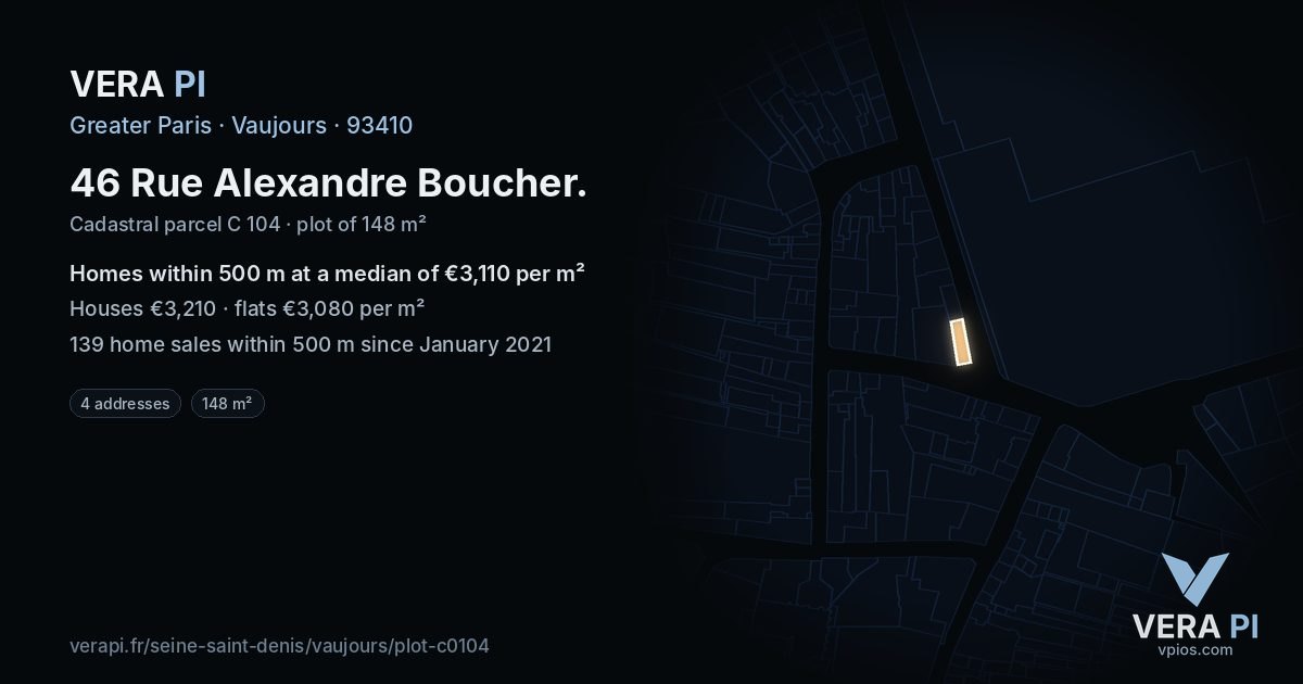46 Rue Alexandre Boucher, Vaujours at night – the plot lit, the parcels around coloured by the prices near them