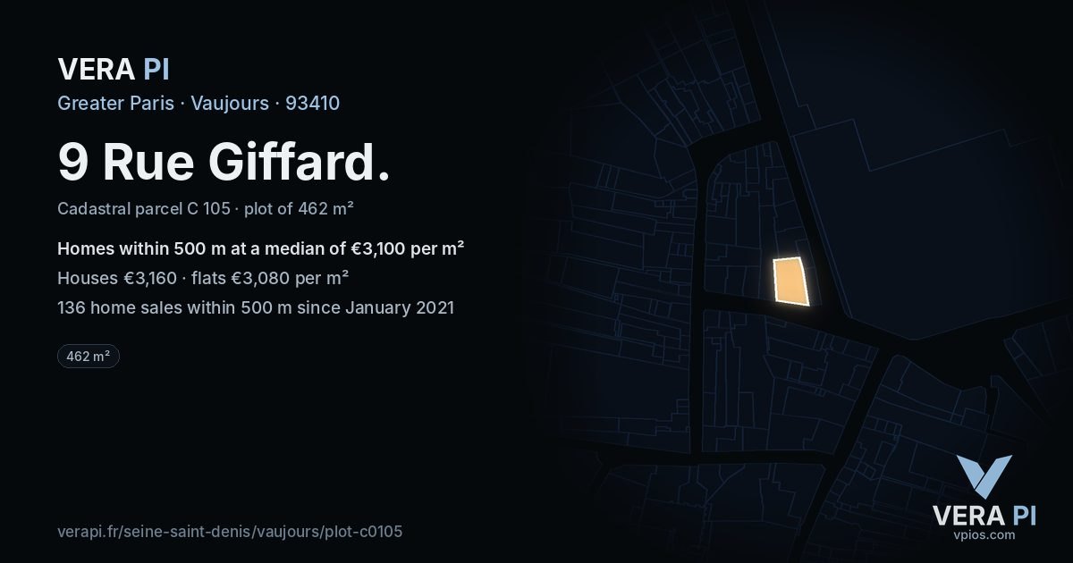 9 Rue Giffard, Vaujours at night – the plot lit, the parcels around coloured by the prices near them