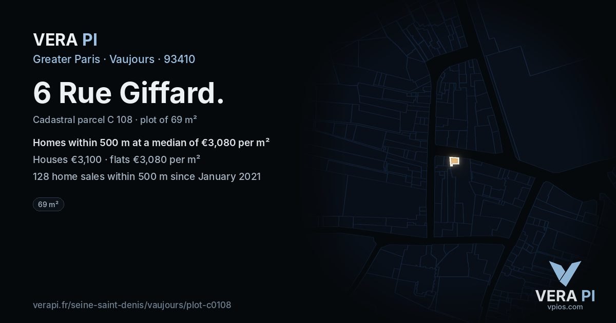 6 Rue Giffard, Vaujours at night – the plot lit, the parcels around coloured by the prices near them