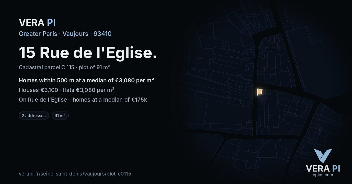 15 Rue de l'Eglise, Vaujours at night – the plot lit, the parcels around coloured by the prices near them