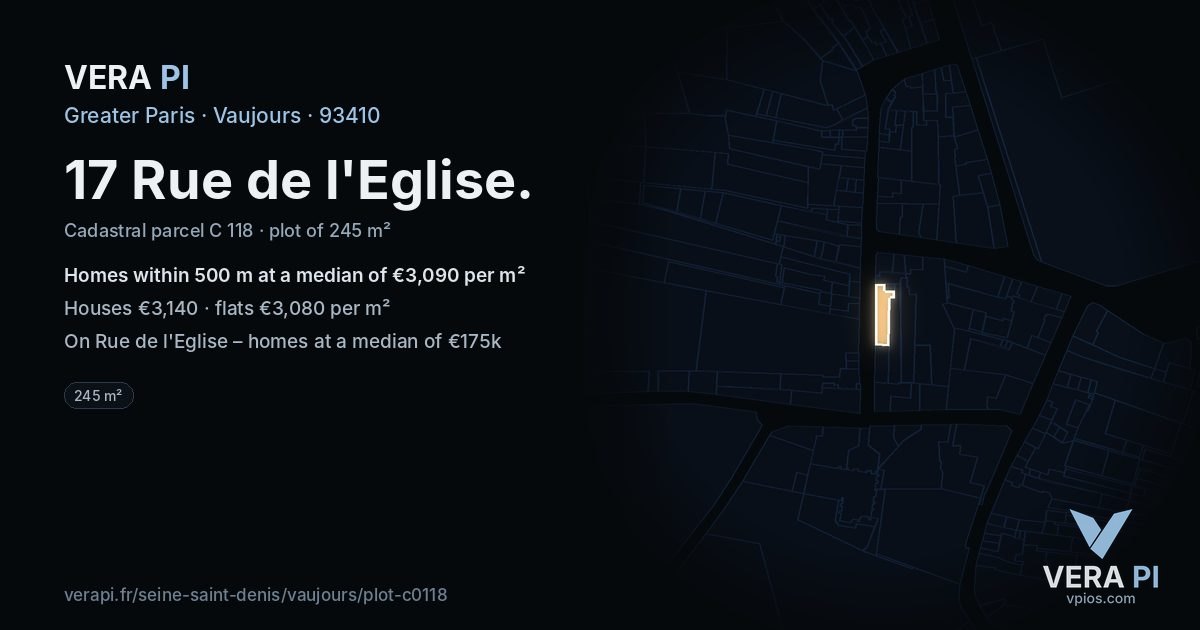 17 Rue de l'Eglise, Vaujours at night – the plot lit, the parcels around coloured by the prices near them