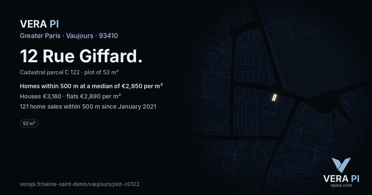 12 Rue Giffard, Vaujours at night – the plot lit, the parcels around coloured by the prices near them