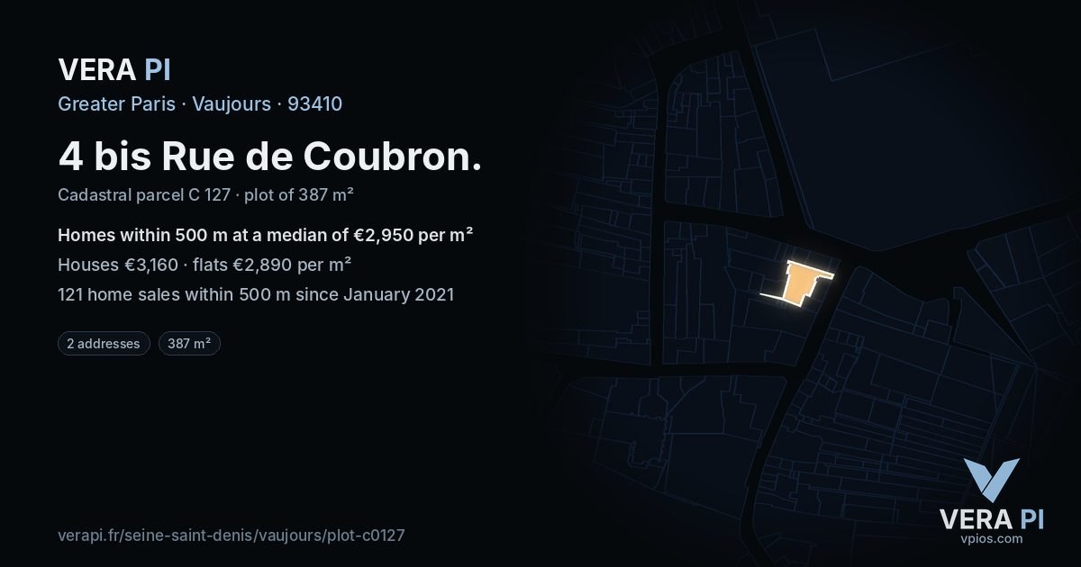 4 bis Rue de Coubron, Vaujours at night – the plot lit, the parcels around coloured by the prices near them