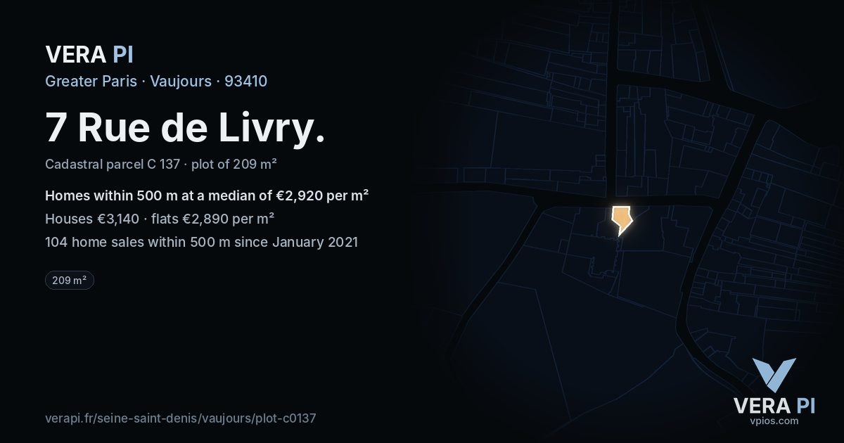 7 Rue de Livry, Vaujours at night – the plot lit, the parcels around coloured by the prices near them