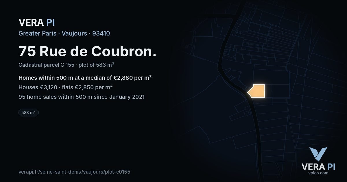 75 Rue de Coubron, Vaujours at night – the plot lit, the parcels around coloured by the prices near them